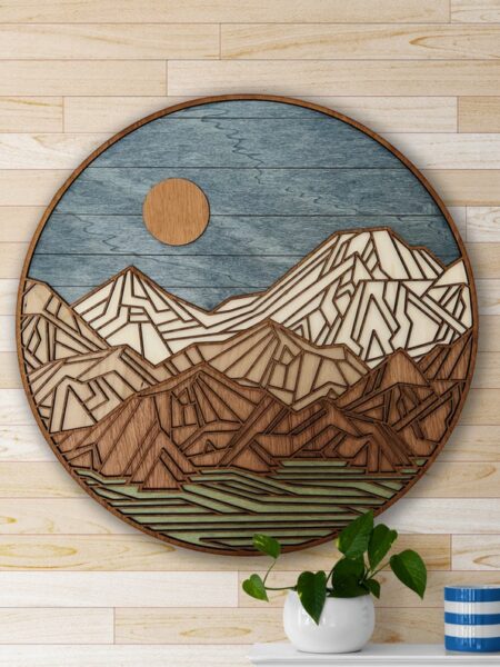 Handmade Wood Mountain Wall Art - Geometric Landscape, Circular Design